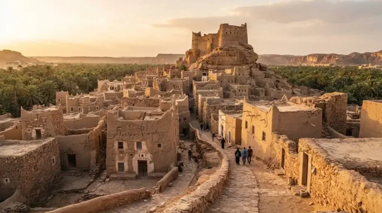 AlUla Old Town with historic mudbrick houses, narrow alleys, AlUla Fort and oasis