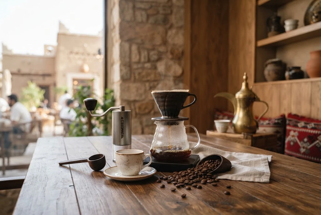 Saudi specialty coffee with roasted beans and traditional Saudi coffee pot